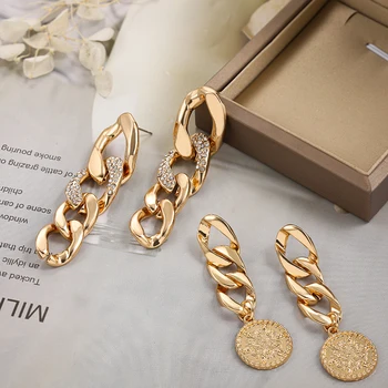 Винтажные серьги-подвески золотого цвета на цепочке для женщин, Модные очаровательные серьги-подвески с геометрическими круглыми цветами, Выгравированная монета, Длинные серьги-подвески