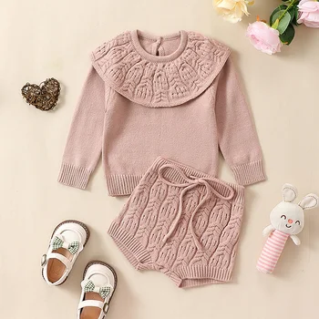 Одежда для новорожденных девочек из 2 предметов, свитер с кукольным воротником и шорты, вязаный наряд, осенняя одежда