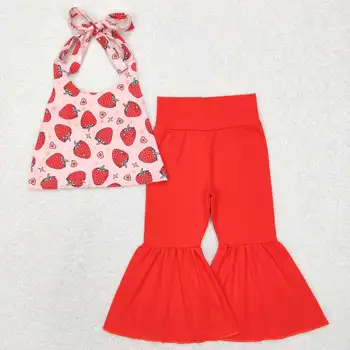 оптовая продажа, горячая распродажа детской одежды для маленьких девочек, детская одежда, короткий топ с клубничным сердечком, красный брючный костюм