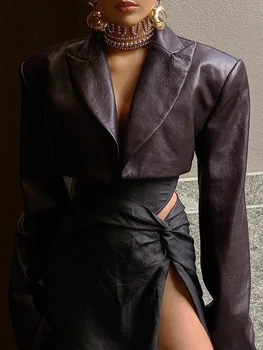 Женская кожаная куртка с длинным рукавом и воротником-лацканами, укороченная куртка с открытой передней частью, крутая верхняя одежда