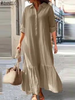 ZANZEA, Модное женское платье-рубашка с длинным рукавом, вырез с лацканами, Однотонное платье, Праздничные платья с оборками на подоле, Элегантный офисный сарафан OL