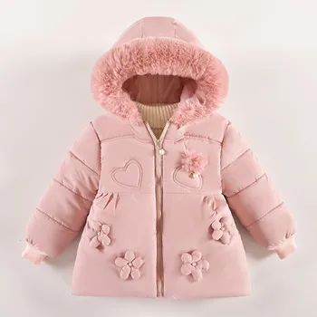 Толстая теплая куртка для младенцев с меховым воротником для девочек, зимняя модная куртка принцессы на молнии с капюшоном, верхняя одежда для малышей, осенняя одежда для детей 2-4 лет