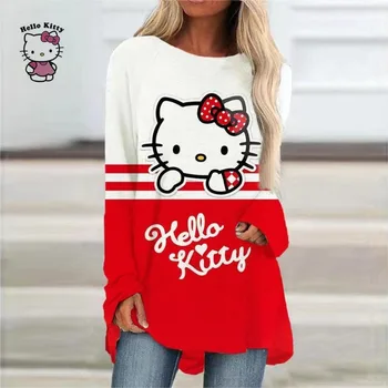 MINISO Sanrio Hello Kitty Kawaii Аниме Женская Одежда Куртка С Длинными Рукавами И Круглым Вырезом, Пуловер С Неровным Подолом, Подарок Большого Размера