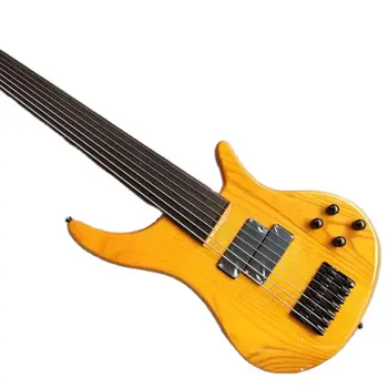 Прозрачно-желтая 7-струнная электрическая бас-гитара Корпус из ясеня, палисандр, гриф без накладки, настраиваемый