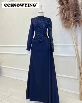 Мусульманские вечерние Платья с длинным рукавом из королевского синего атласа, расшитого бисером, Исламское Вечернее Платье Для женщин, Хиджаб, Арабский Кафтан, Вечернее платье