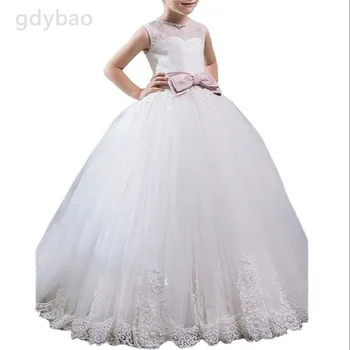 Платья для девочек в цветочек для свадьбы с аппликацией в виде большого банта, длинные нарядные платья для девочек из белого тюля для первого причастия