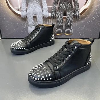 мужские повседневные оригинальные кожаные ботинки брендовая дизайнерская обувь с заклепками, черные, белые ковбойские ботильоны в стиле хип-хоп, рок, короткие ботас