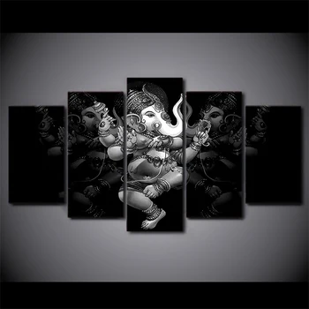 HD Печатный Холст из 5 частей, черно-белый, Индуистский Бог Ганеша, Картина со Слоном, картины Ганеши на холсте, Нью-Йорк-7149B